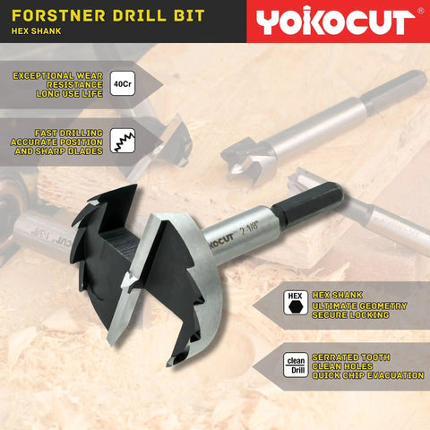 16 Piece Forstner Bit Set With Hex Shank Design, close-up of a drill bit showing sharp blades for clean holes in wood.