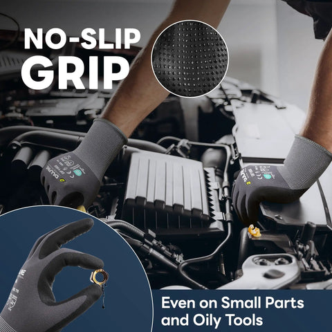 Durable Work Gloves For Men And Women Gray Nylon With MicroFoam Nitrile Coating showing no-slip grip in automotive use.