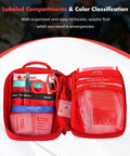 Front view of red Senvok 121-piece first aid kit opened to show organized pockets with scissors, tweezers, wipes and bandages.