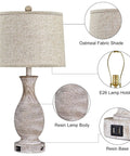 28 Inch Farmhouse Table Lamps Set Of 2 With USB Ports And 3 Way Dimmable Nightstand Lighting, Oatmeal Linen Lampshade