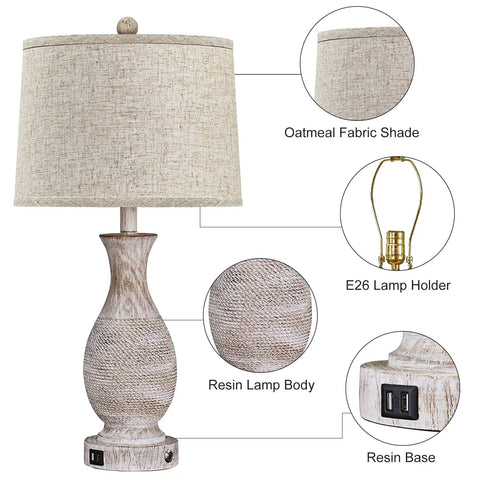 28 Inch Farmhouse Table Lamps Set Of 2 With USB Ports And 3 Way Dimmable Nightstand Lighting, Oatmeal Linen Lampshade