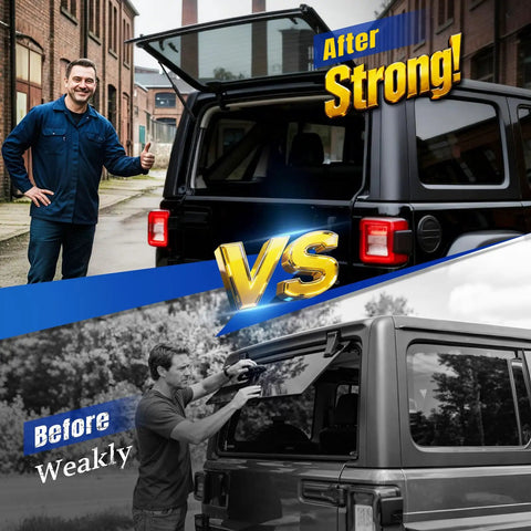 Comparison of Jeep Wrangler TJ rear window lift supports, showing before weakly and after strong installation, 1997-2006 models.