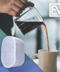 Pouring coffee with 12 Pack Replacement Water Filters For Breville BWF100 Charcoal Activated, easy install, BPA-free filter.