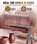 Solid As A Rock Seven Inch Stainless Steel Wood Lathe Tool Rest for Bowl Hollowing, features wood bowl and vase.