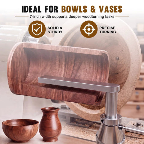 Solid As A Rock Seven Inch Stainless Steel Wood Lathe Tool Rest for Bowl Hollowing, features wood bowl and vase.