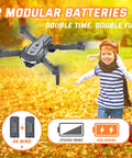 Mini Foldable FPV Drone With 1080P Camera For Kids And Adults flying outdoors with modular batteries and a child running nearby