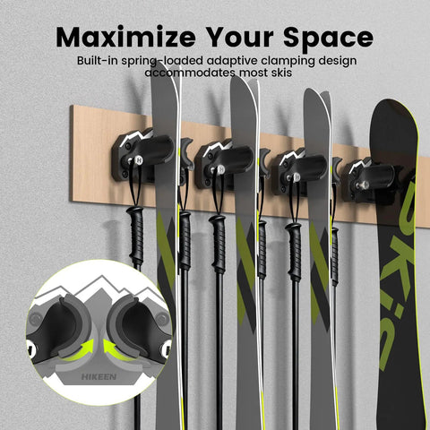 Badass Ski And Snowboard Wall Mount Two Pack With Non Slip Grips, featuring six skis secured on a wooden wall mount.