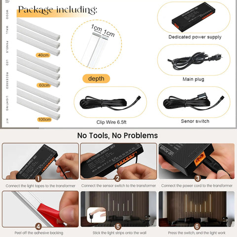 Package contents for 9-Lights LED Recessed Lighting Wall Panel Lights including clips, power supply, and wiring.