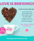 Heart-shaped coffee beans above Katy's branded coffee cup on turquoise background with text about impact and happiness promise.