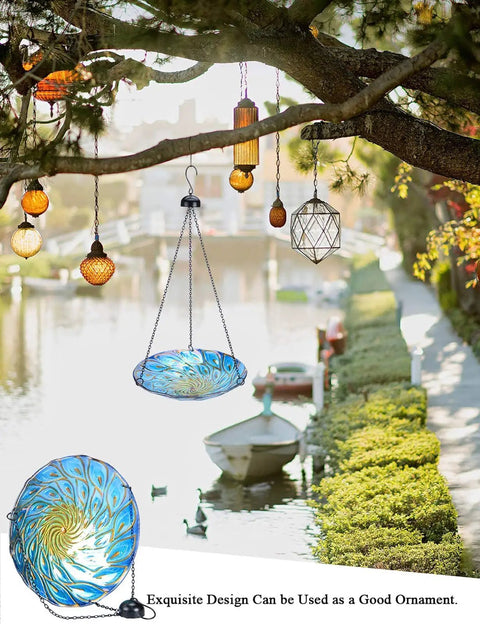 11 Inch Hanging Glass Bird Bath With Peacock Pattern Outdoor Bird Feeder And Garden Decor For Yard Bright Colorful Wavy Rim