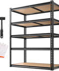 Beefy 5-Tier Garage Shelving Unit, 72-Inch Tall, Adjustable Steel Racks With 2,200 Lb Total Capacity, Anti-Sag Design For Garage, Workshop, And Warehouse, Heavy Duty Storage That Keeps Your Gear Sorted. Black steel 5-tier shelf unit with gloves and hammer