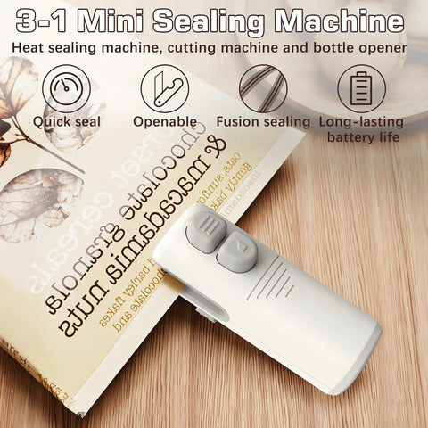 Three In One Bag Sealer With Cutter And Bottle Opener Portable USB Rechargeable Resealer on a wooden surface