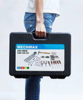 Person holding a case of 245-Piece Mechanics Tool Set And Socket Kit For Home Auto Repair With 3/8 Inch Drive Ratchet, Wrenches, Pliers.