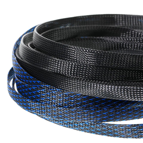 96 Ft Braided Cable Sleeve Kit with Heat Shrink Tubes, black and blue expandable wire loom on a roll
