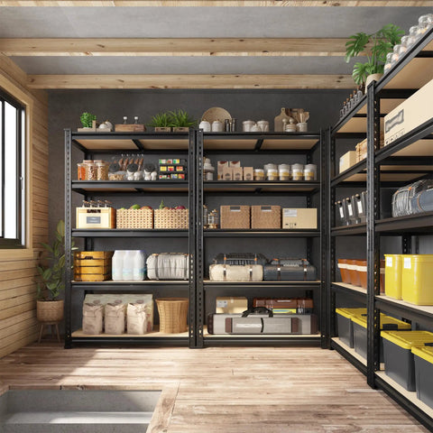 Two Pack Heavy Duty Garage Shelves Adjustable And Wobble Free Storage Racks For Garage Organization Durable Steel Shelving Units That Fit Tight Corners And Open Floor Space, black 5-tier shelves in a storage room