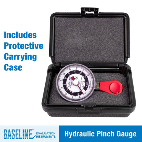 Baseline Hydraulic Pinch Gauge 50lb Capacity Hand Therapy Equipment in protective case for clinical and home use.