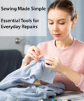 Woman using Compact Sewing Kit For Beginners Portable Travel Essentials With 12 Thread Colors And 75 Plus Tools for clothing repairs.