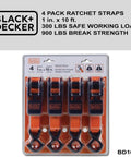 Top Shelf Ratchet Tie Down Straps 1 Inch By 10 Feet 4 Pack No Sweat Truck Cargo Lashing Kit with vinyl hooks and quick grip.