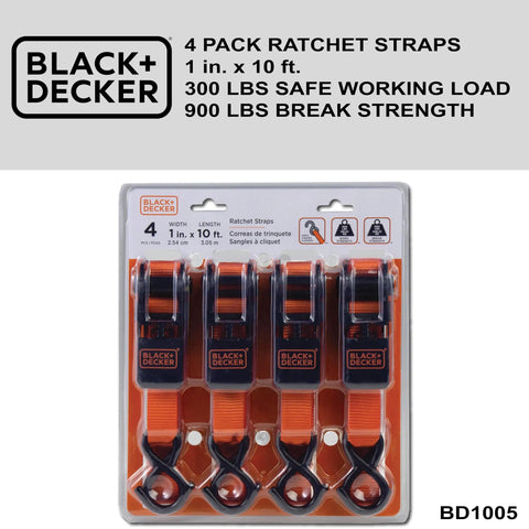 Top Shelf Ratchet Tie Down Straps 1 Inch By 10 Feet 4 Pack No Sweat Truck Cargo Lashing Kit with vinyl hooks and quick grip.
