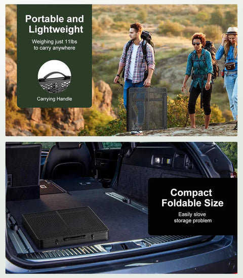 Foldable Grill Table With Mesh Desktop 200Lb Capacity 4 Foot Portable Outdoor Table being carried and stored compactly in car.