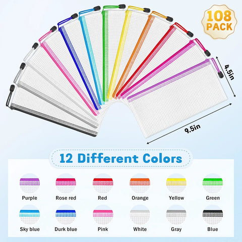 Image of 108 Pack Mesh Zipper Pencil Pouches Bulk Set, 9.5x4.5 Inch Waterproof Pencil Cases in 12 colors displayed in a fan arrangement.