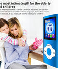 Portable MP3 MP4 Player With 1.8 Inch LCD Screen And 64GB TF Card Slot Dark Blue next to happy family with gift