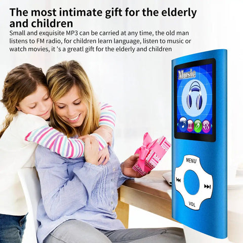 Portable MP3 MP4 Player With 1.8 Inch LCD Screen And 64GB TF Card Slot Dark Blue next to happy family with gift