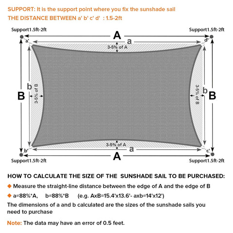 Diagram of 17x31 Foot Light Gray Sun Shade Sail Rectangle Outdoor Canopy with 95 Percent UV Block, curved edge measurements and support points.
