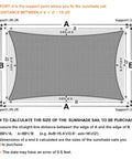 Diagram showing installation and measurement of Rectangle 20x20 Sun Shade Sail Canopy for Patio Pergola Deck Outdoor Backyard Light Grey UV Block Ninety Five Percent Breathable All Weather HDPE Fabric 185GSM With Reinforced Stitching And Stainless Steel Hardware.