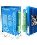 Blue CNC servo drive module; front and side views with green terminal blocks and cooling fan