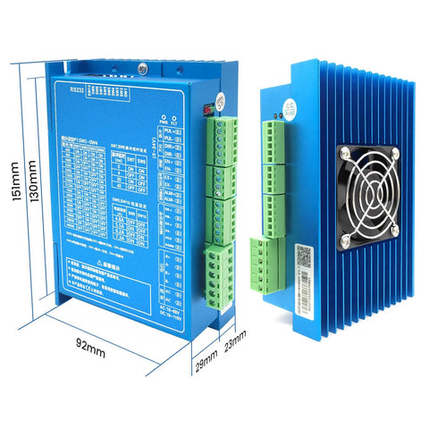 Blue CNC servo drive module; front and side views with green terminal blocks and cooling fan