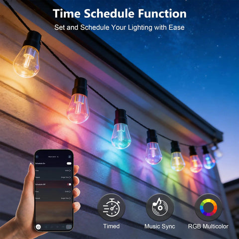 Outdoor String Lights 150Ft RGB IC Dimmable Shatterproof LED Bulbs IP67 Waterproof DreamColor Patio Strip Lights For Backyard Balcony And Outdoor Living With Chasing Effects And Music Sync Via App