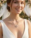Bride wearing the Lucky Horseshoe Necklace For Women With U Shape Pendant In Silver Tone Stainless Steel Hypoallergenic Adjustable Chain