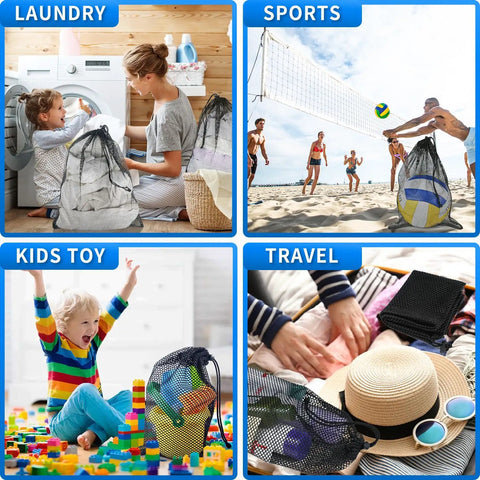 Two Pack Heavy Duty Mesh Drawstring Bags With Cord Lock Closure in laundry, sports, kids toy, and travel scenarios