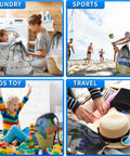 Collage of 4 Pack Heavy Duty Mesh Drawstring Bags used for laundry, sports, kids toys, and travel seen in diverse settings