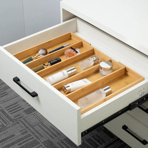 Expandable Bamboo Drawer Organizer For Kitchen Utensils And Flatware Adjustable Cutlery Tray And Knife Organizer Drawer Divider With Five Slots Fits Large Or Small Drawers Go To Kitchen Must Have Home Organizer in a white drawer with various items organized