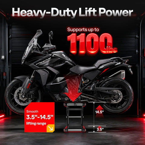 Heavy Duty 1100 Lbs Motorcycle Lift Scissor Jack With Wide Deck Height Adjustable Center Stand holding a motorcycle