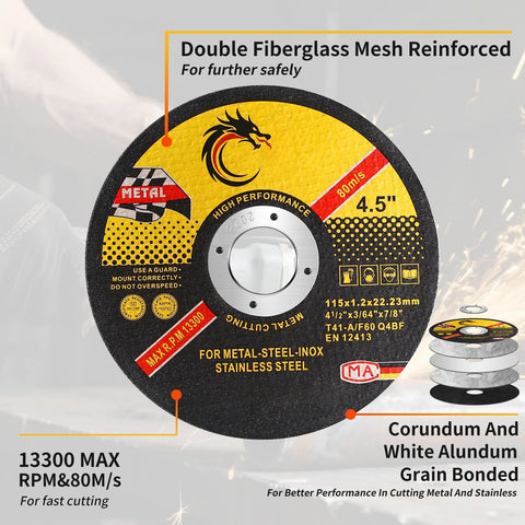 4.5-inch cut-off wheel for angle grinder; metal & stainless, 0.045" thick, 13,300 RPM, fiberglass mesh reinforced, Amazon 10-pack