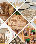 Basswood sheets collage: 8x12 in wood crafts for laser cutting, featuring a house lantern, carousel, tags, coasters.