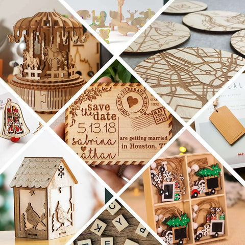 Basswood sheets collage: 8x12 in wood crafts for laser cutting, featuring a house lantern, carousel, tags, coasters.