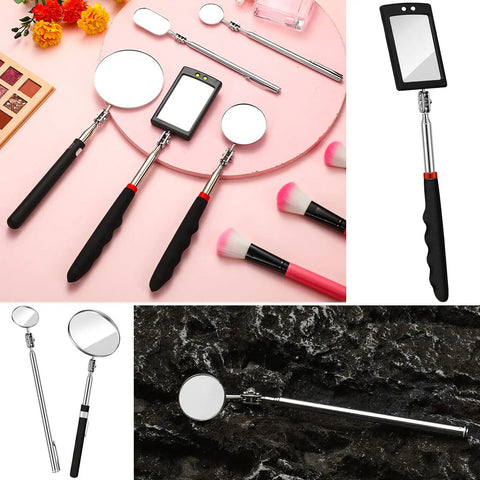 Five Piece Telescoping Inspection Mirror Set With Round Stainless Steel Mirrors, 360 Degree Rotation And Long Handle, Adjustable Angles