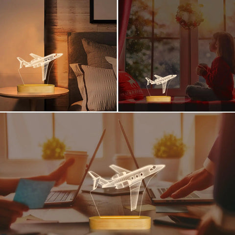 Lit 3D Airplane Illusion Night Light With Dimmable LED Wood Base on desk, USB powered, remote control, aviation art gift