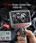 Two Way Articulating Borescope With 1080P HD Endoscope Camera showing engine details on 4.5 inch screen in automotive setting