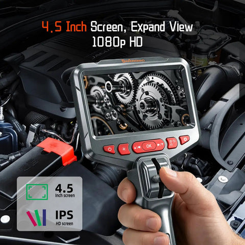 Two Way Articulating Borescope With 1080P HD Endoscope Camera showing engine details on 4.5 inch screen in automotive setting