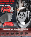 One Half Inch Cordless Impact Wrench Compatible With Milwaukee Eighteen Volt Packs Delivers Three Hundred Foot Pounds Brushless Torque And A Sharp LED Lamp for automotive repairs.
