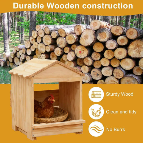 Versatile Portable Chicken Nesting Box with Detachable Ramp for Indoor Outdoor Use, wooden construction with a hen inside.