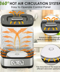 No Sweat Food Dehydrator Featuring Five BPA Free Trays And Adjustable Temperature Control showing 360° hot air circulation system.