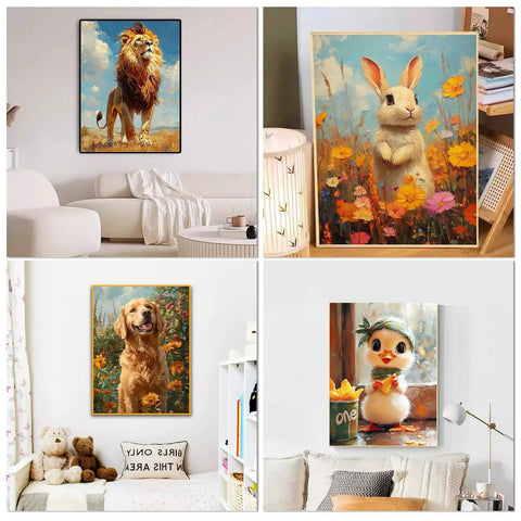 12 Pack Animal Diamond Painting Kits For Adults 5D Diamond Art Kit With Tools Full Drill DIY Set 12 Cute Animal Patterns For Beginners Beginner Friendly Home Wall Decor Or Gift 12x16 Inch featuring lion, rabbit, dog, and bird paintings