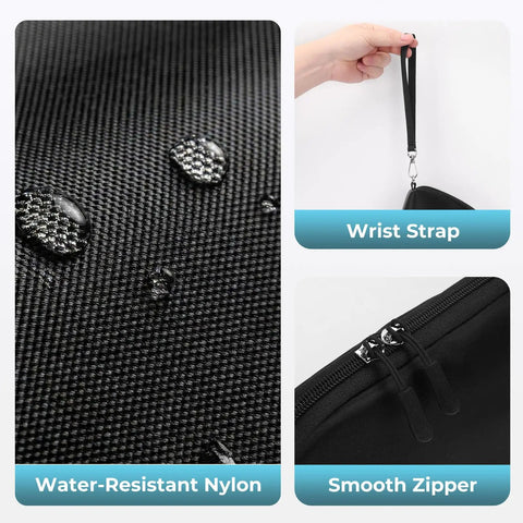 Close-up of Grab-And-Go Travel Cable Organizer With 8 Compartments, water-resistant surface, wrist strap, and smooth zipper detail.