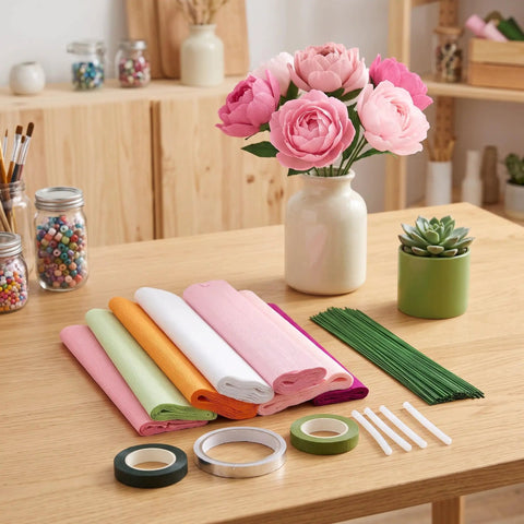 DIY Crepe Paper Flower Kit With Precut Sheets And Metal Wire For Realistic Bouquets Easy To Shape Flowers All In One Floral Stem Craft Set For Weddings And Scrapbooking with pink crepe paper blooms, wire, glue and tape